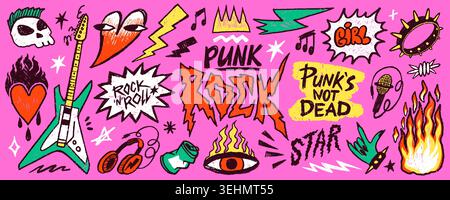 Punk rock emo doodle set with guitar, fire heart, music symbols and handwritten typography in colorful grunge style on pink background. Rock emo Stock Vector