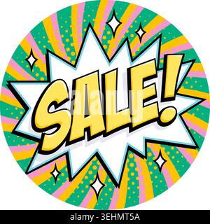 Round sale sticker in vibrant comic style with bold yellow lettering on white cloud burst. Eye catching badge for seasonal promos, retail campaigns Stock Vector