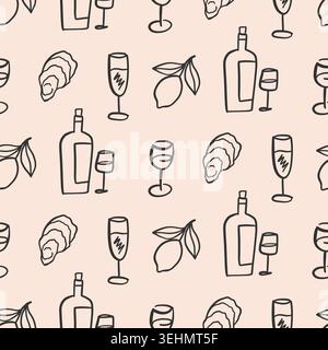 Seamless seafood, wine pattern with oysters, lemon Stock Vector
