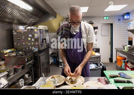 Chef plating food in a professional restaurant kitchen in Vannes, Brittany, France. Stock Photo