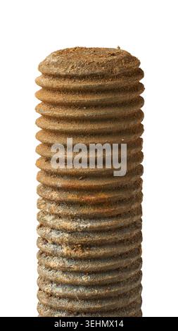 rusty textured metal bolt thread isolated white background, heavy brown corrosion on hardware component with oxidation, close-up macro view Stock Photo