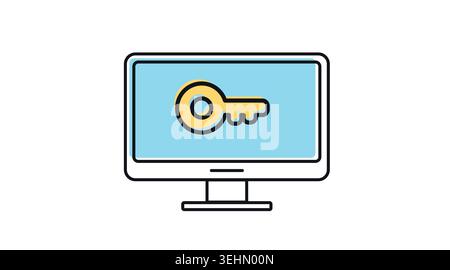 Desktop computer system access and digital key icon: PC workstation with key symbol on screen, modern black line art with offset color fill vector. Stock Vector