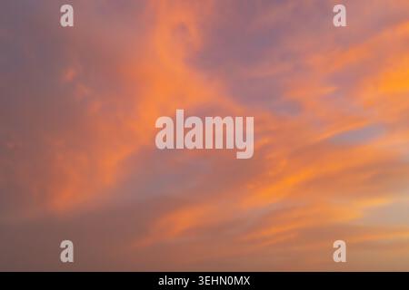 Soft orange and pink clouds glow at sunset, blending into a calm pastel sky. Dreamy cloudscape background with gentle gradients, warm light, and tranq Stock Photo