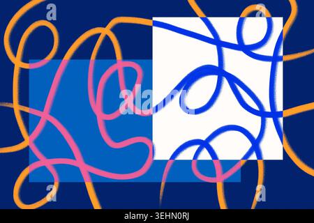 Abstract geometric illustration with looping brush lines in orange, pink, and blue over layered rectangles, creating a vibrant modern background for d Stock Photo