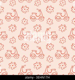 Seamless Italian floral pattern flowers, scooter Stock Vector