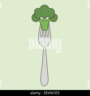 Simple flat illustration of a broccoli floret on a fork, centered on a pale green background. Concept for raw food, vegan and vegetarian healthy eatin Stock Photo
