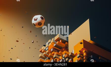 A soccer ball floats above a city made of various geometric shapes in an abstract design. The scene shows a mix of colors and forms. Stock Photo