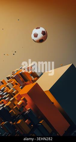 A soccer ball floats above a city made of various geometric shapes in an abstract design. The scene shows a mix of colors and forms. Stock Photo