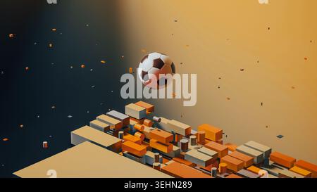 A soccer ball floats above a city made of various geometric shapes in an abstract design. The scene shows a mix of colors and forms. Stock Photo