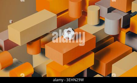 A soccer ball floats above a city made of various geometric shapes in an abstract design. The scene shows a mix of colors and forms. Stock Photo