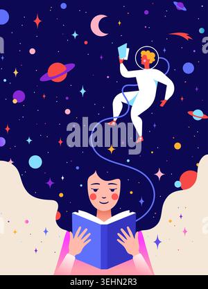 Book, Imagination, Dreams. Girl reading Stock Vector