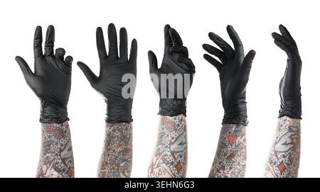 Man showing his tattooed hand on white background, set Stock Photo