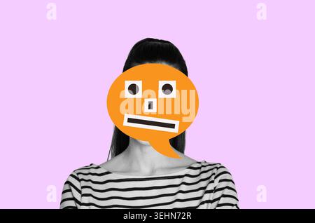 Woman With Striped Shirt and Digital Face on a Pink Background in an Art Style Stock Photo