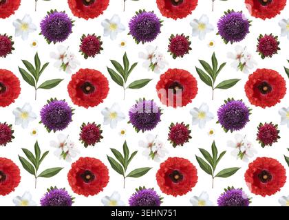 Vibrant flowers and leaves on white background, floral repetitive pattern Stock Photo