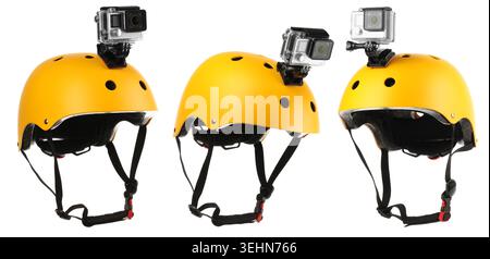 Bicycle helmet with action camera isolated on white, set. Protective headgear Stock Photo