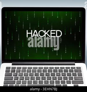 Laptop with inscription hacked and binary digits on screen Stock Photo