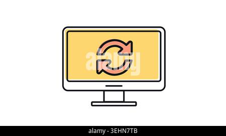 Desktop computer refresh and system update icon: PC workstation with circular reload arrows on screen, modern black line art with offset color fill ve Stock Vector