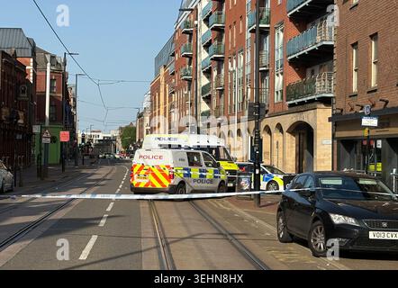 A police cordon at the scene near the One Four One bar on West Street, Sheffield, where a 30-year-old woman died following a shooting. Three people have been arrested on suspicion of murder after officers were called to the scene at 2.45am on Monday morning. Picture date: Monday May 25, 2026. Stock Photo