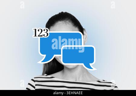 Woman With Chat Bubbles on Her Face in Digital Communication Concept Stock Photo
