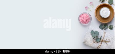 Aromatherapy with sea salt and natural cream on gray Stock Photo