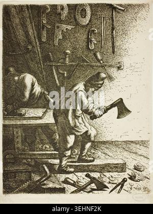 The Carpenter by Jan van Vliet, c. 1635, depicting a woodworker at his bench shaping timber with an axe, surrounded by hand tools and wood shavings Stock Photo