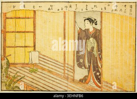 Picture Book of Spring Brocades by Suzuki Harunobu, 1771, depicting a woman in an elegant brown kimono with floral patterns, standing in a wooden interior and gazing upward thoughtfully Stock Photo
