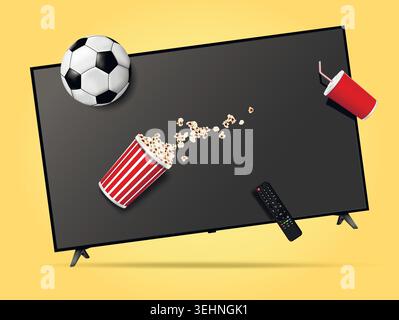 Levitation smart tv, remote control, popcorn, soda cup and soccer ball. Vector illustration. Stock Vector