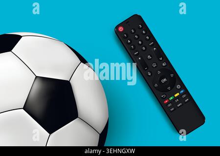 TV remote control and soccer ball top view isolated on blue background. Vector illustration. Stock Vector