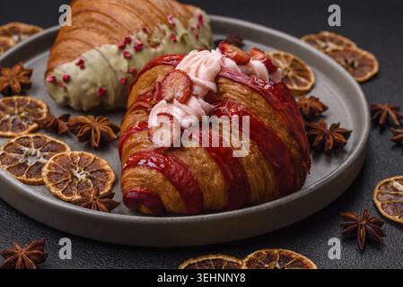 Food, Crispy sweet red croissant with pistachio, raspberry and strawberry on a dark concrete background Stock Photo