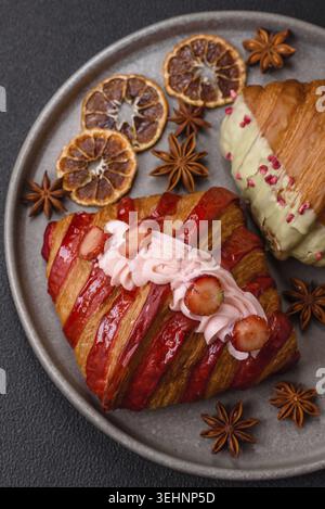 Food, Crispy sweet red croissant with pistachio, raspberry and strawberry on a dark concrete background Stock Photo