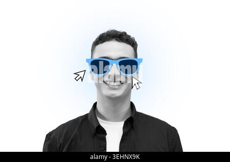 Young Man Wearing Blue Sunglasses With Cursor Icons on a Plain Background Stock Photo
