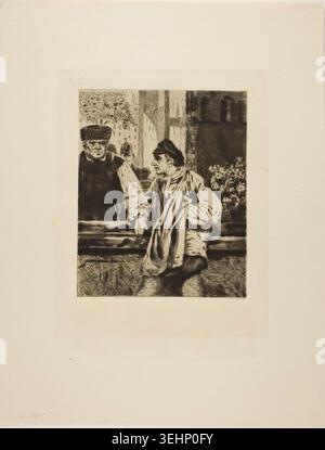 Plate from L'Assommoir by Gaston La Touche, 1878, depicting two men in conversation at a bar in a narrow urban street Stock Photo