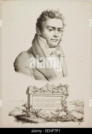Portrait of the Artist's Brother by Marie Philippe Coupin de La Couperie, 1817, a young man in formal dress with wavy hair, shown in three-quarter profile against an inscribed memorial plaque surrounded by classical ornaments and vegetation Stock Photo