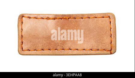 Rectangular blank brown leather label with orange stitching, isolated for design Stock Photo