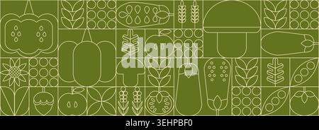 Geometric vegetable pattern in minimalist Bauhaus style. Geometric line drawing. Abstract print background with simple shapes for vegetable shop, food Stock Vector