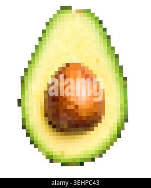 Avocado half showing the pit with green flesh in a pixel art style on transparent background Stock Photo