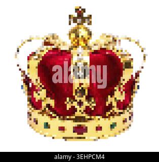 Royal crown with red velvet and gold details, adorned with jewels, appearing on a transparent background Stock Photo