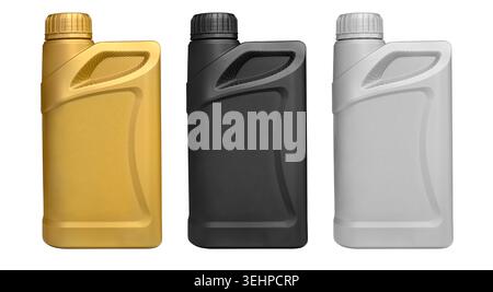 Three plastic engine oil containers for automotive products isolated on white background Stock Photo