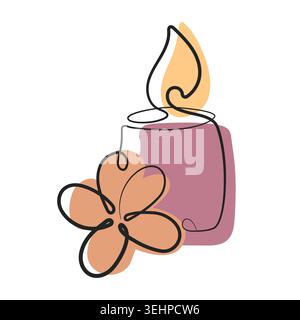 A single continuous line forms an abstract burning candle with a soft flame and a delicate flower on a white backdrop. Muted colors of orange and purple add a calm, modern feel to the art piece. Stock Vector