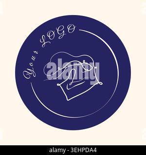 A round deep blue design displays a white continuous line drawing of a chef hat. The script text 'Your logo' curves above it, creating a clean branding element on a light beige background. Stock Vector