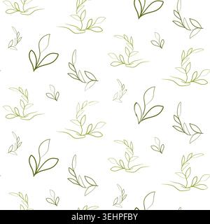 A seamless repeating pattern features delicate line art drawings of hands gently holding leafy branches. Stock Vector
