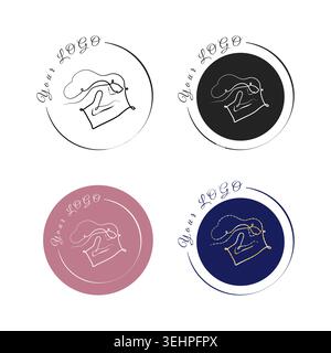 Four circular logo designs present a stylized chef hat made with continuous line art. Your LOGO appears above the hat. Stock Vector