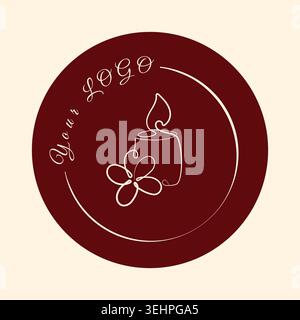 A dark red circular logo features delicate white continuous line art depicting a burning candle and a stylized flower. The text 'your logo' is written in a graceful script along the top curve. Stock Vector