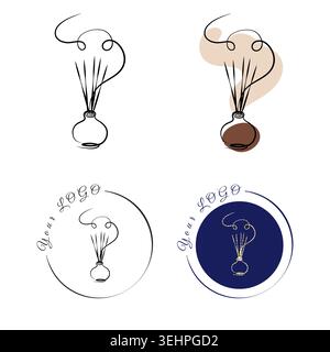 This graphic showcases four distinct logo variations for an aroma diffuser, featuring a fluid one line art style. Stock Vector