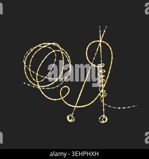 Abstract golden line art depicts wool against a dark backdrop. The bright, luminous lines sparkle with star-like segments, forming elegant coils and loops in a stylized design. Stock Vector
