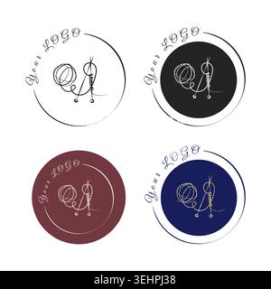 Four circular logos display a stylized design of a ball of wool and a knitting needle. Variations include black on white, white on black, silver on maroon, and gold on dark blue backgrounds. Stock Vector