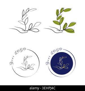 Four artistic logo designs show a continuous line hand gently holding a leafy plant branch. Stock Vector
