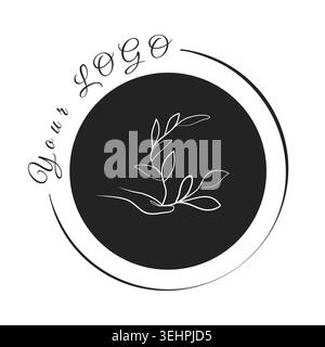 A minimalist line art graphic depicts a hand gently cradling a delicate plant sprout with multiple leaves. Stock Vector