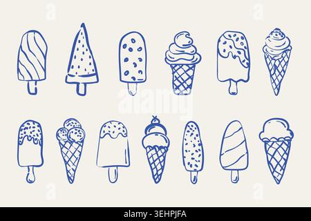 Hand drawn doodle ice cream collection. Sketch sundae popsicle, summer cold dessert icons set. Vector frozen dessert , gelato cones line drawing. Stock Vector