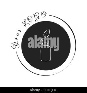 A clean minimalist design features a line art bottle with a leaf emerging from its top. This simple graphic is set within a black circle, framed by a thin arc and script text displaying Your Logo. Stock Vector